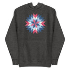 Barn Star quilt block in red, white and blue on a pullover hoodie in charcoal grey, front view – Kate Spain design for Pat Sloan