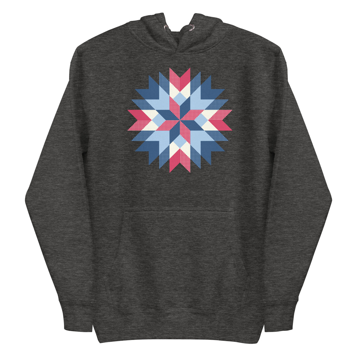 Barn Star quilt block in red, white and blue on a pullover hoodie in charcoal grey, front view – Kate Spain design for Pat Sloan