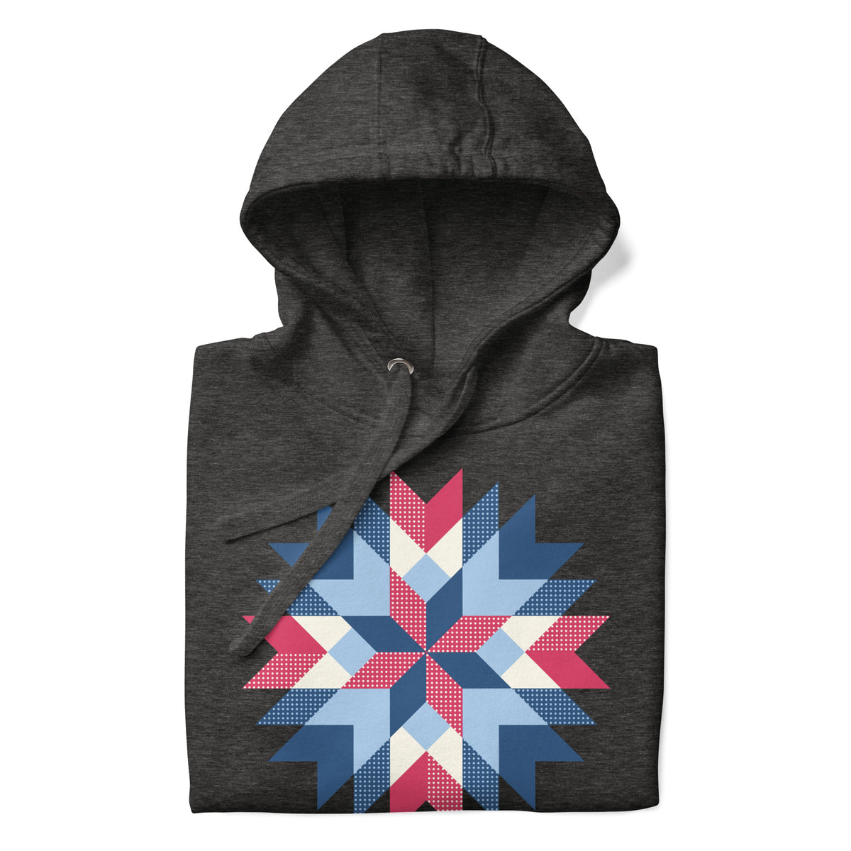Barn Star quilt block in red, white and blue on a pullover hoodie in charcoal grey, folded close-up of the design – Kate Spain design for Pat Sloan