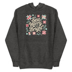 Sew Merry + Bright lettering with quilt-block stars, holly and a thread spool on a pullover hoodie in charcoal grey, front view – Kate Spain design for Pat Sloan
