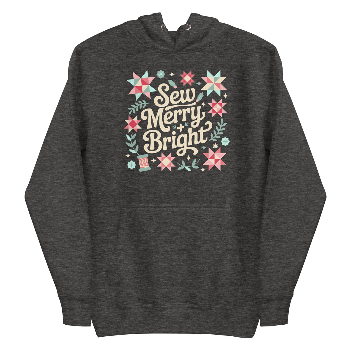 Sew Merry + Bright lettering with quilt-block stars, holly and a thread spool on a pullover hoodie in charcoal grey, front view – Kate Spain design for Pat Sloan