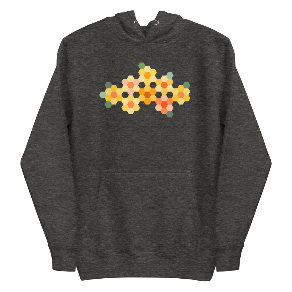 Yellow GeoFlora hexagon flowers in golden yellow, orange, coral and sage on a pullover hoodie in charcoal grey, front view – Kate Spain design for Pat Sloan