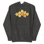 Yellow GeoFlora hexagon flowers in golden yellow, orange, coral and sage on a pullover hoodie in charcoal grey, front view – Kate Spain design for Pat Sloan
