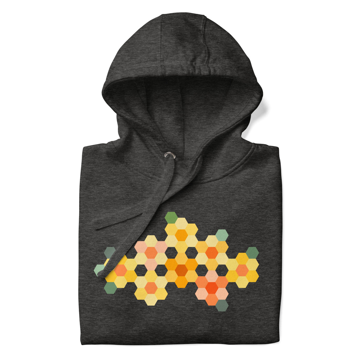 Yellow GeoFlora hexagon flowers in golden yellow, orange, coral and sage on a pullover hoodie in charcoal grey, folded close-up of the design – Kate Spain design for Pat Sloan