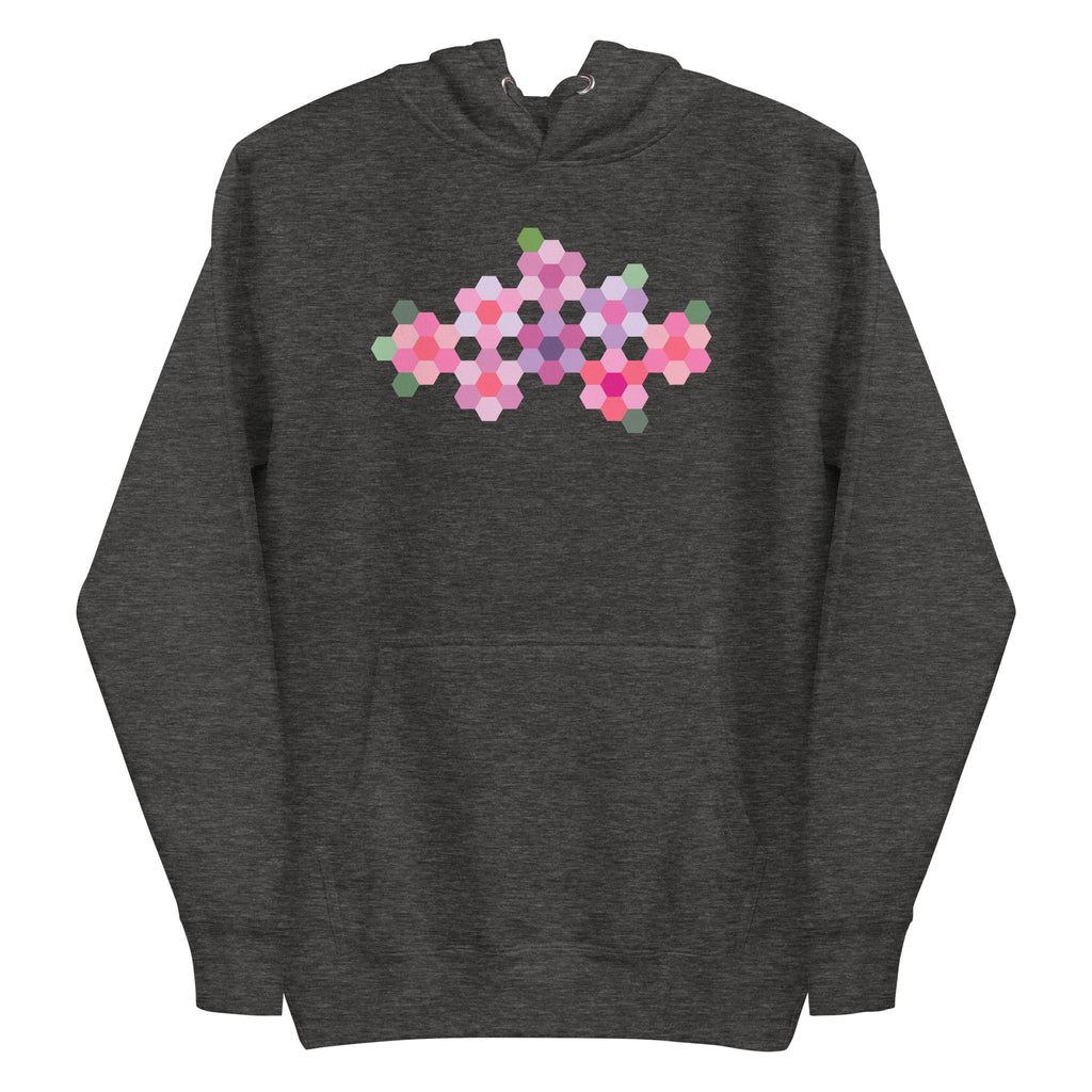 Pink GeoFlora hexagon flowers in pinks, mauves and sage on a pullover hoodie in charcoal grey, front view – Kate Spain design for Pat Sloan
