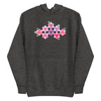Pink GeoFlora hexagon flowers in pinks, mauves and sage on a pullover hoodie in charcoal grey, front view – Kate Spain design for Pat Sloan