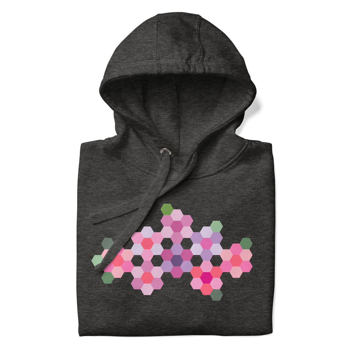Pink GeoFlora hexagon flowers in pinks, mauves and sage on a pullover hoodie in charcoal grey, folded close-up of the design – Kate Spain design for Pat Sloan