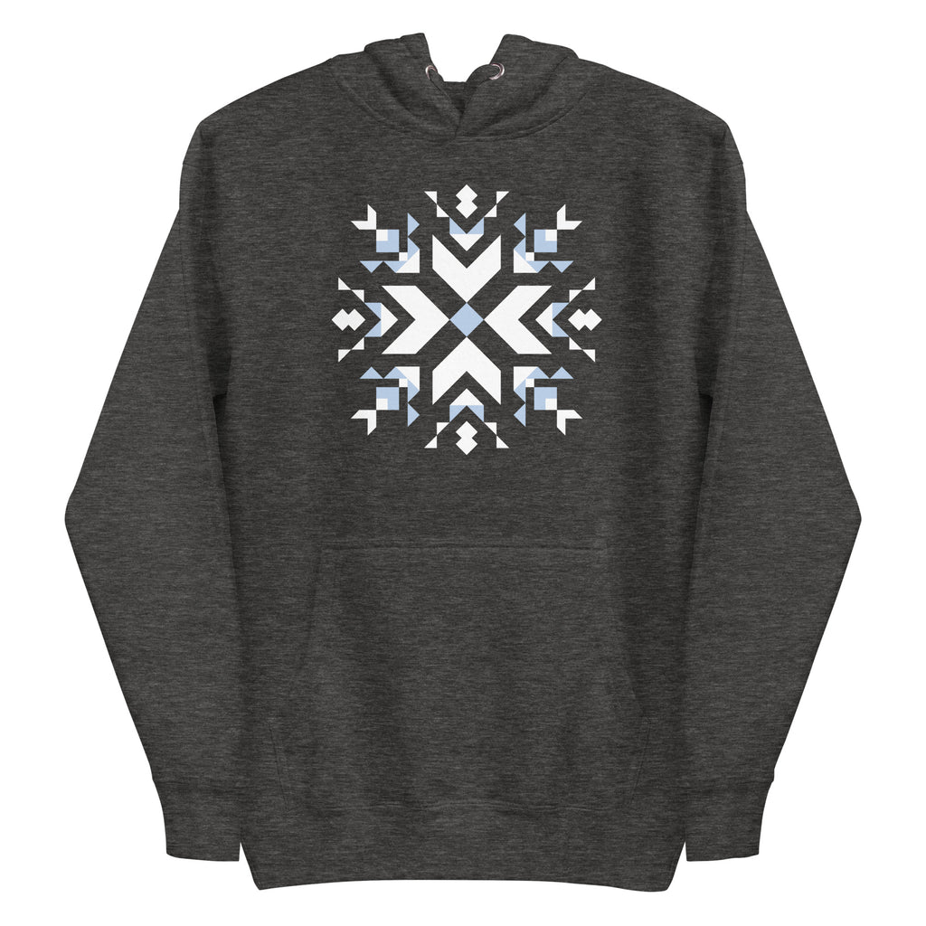 Let It Snow snowflake quilt block on a pullover hoodie in charcoal grey, front view – Kate Spain design for Pat Sloan