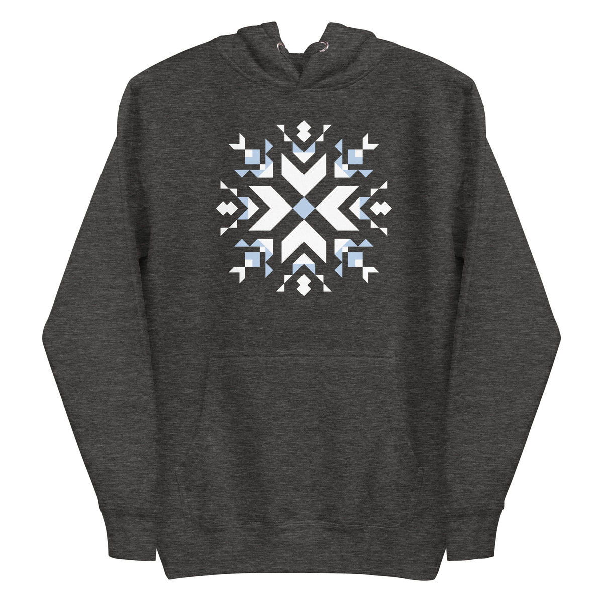 Let It Snow snowflake quilt block on a pullover hoodie in charcoal grey, front view – Kate Spain design for Pat Sloan