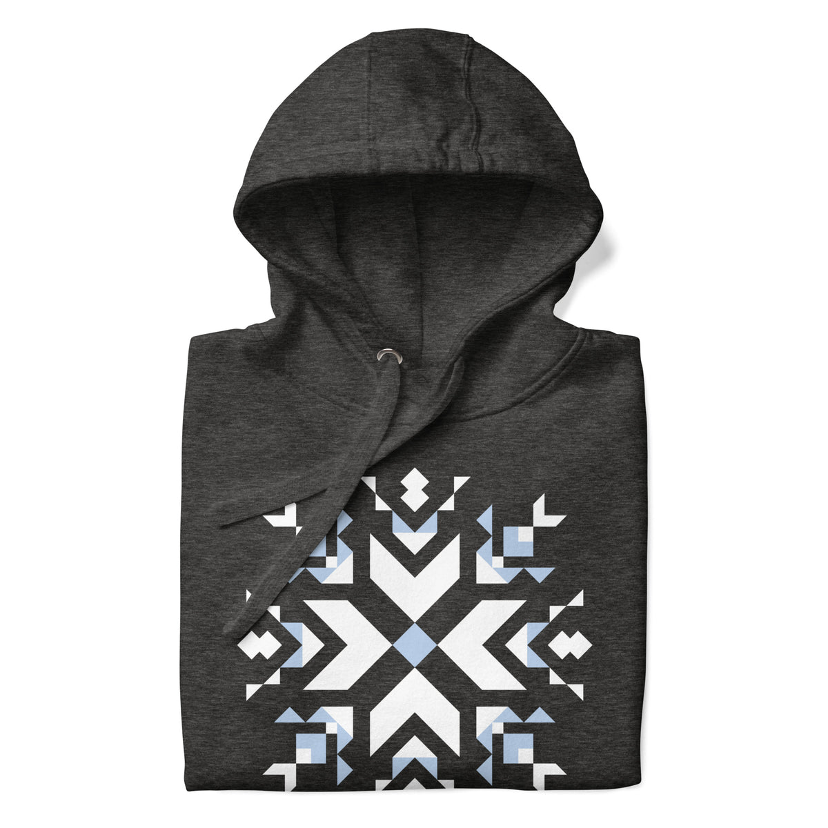 Let It Snow snowflake quilt block on a pullover hoodie in charcoal grey, folded close-up of the design – Kate Spain design for Pat Sloan