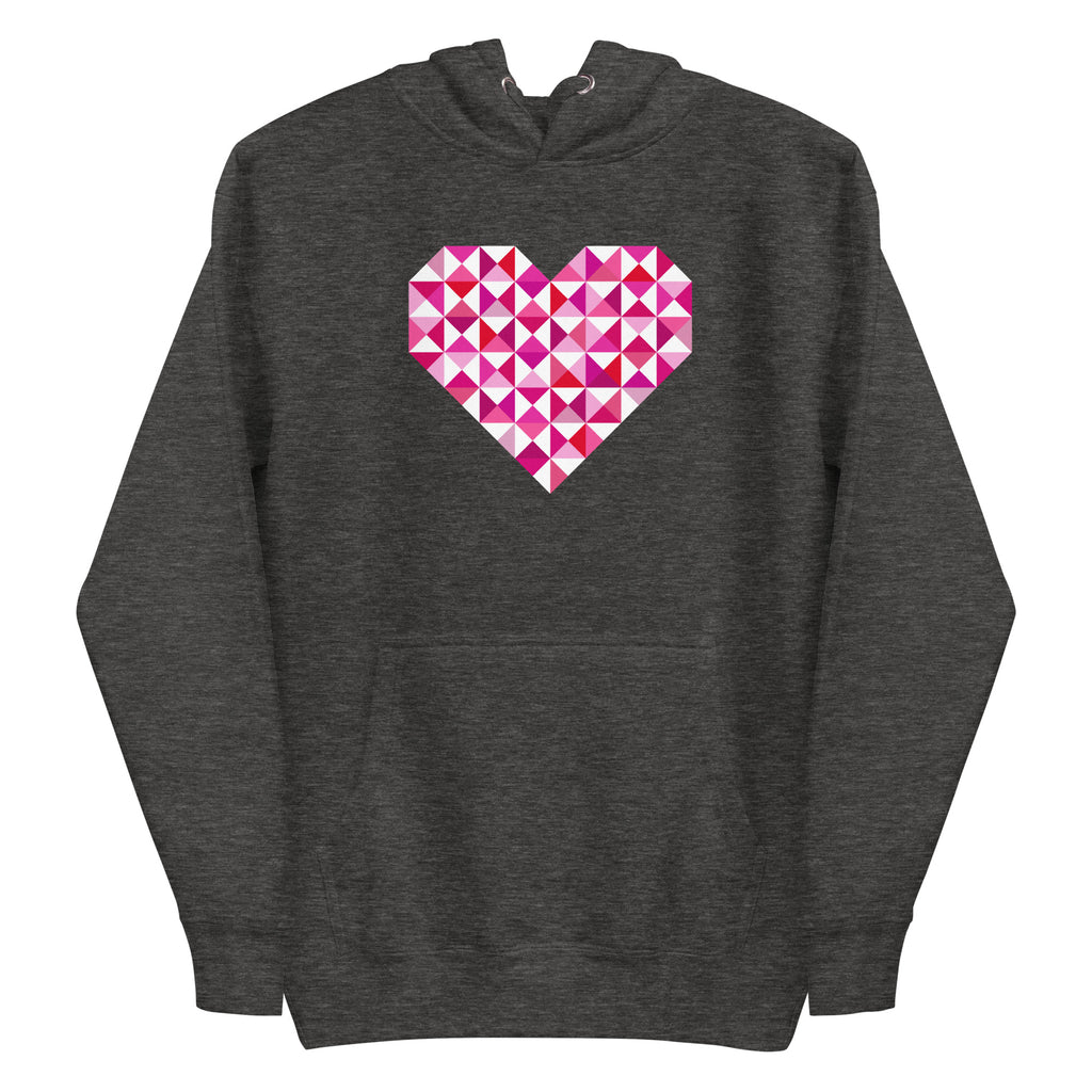 Big Patchwork Love heart pieced from pink half-square triangles on a pullover hoodie in charcoal grey, front view – Kate Spain design for Pat Sloan
