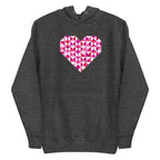 Big Patchwork Love heart pieced from pink half-square triangles on a pullover hoodie in charcoal grey, front view – Kate Spain design for Pat Sloan