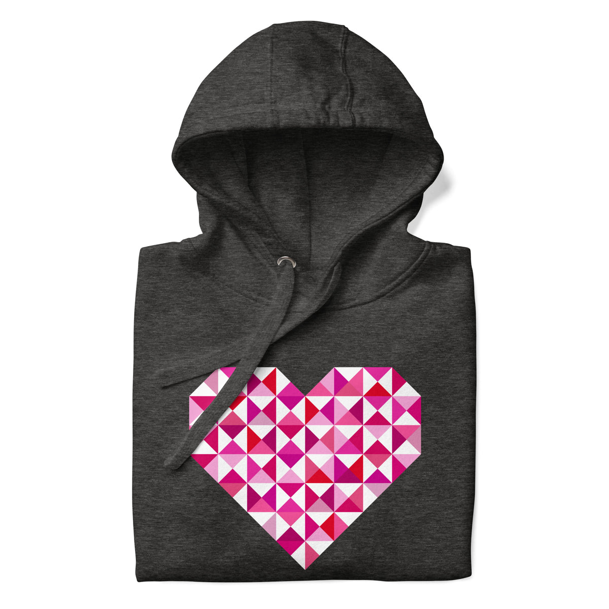 Big Patchwork Love heart pieced from pink half-square triangles on a pullover hoodie in charcoal grey, folded close-up of the design – Kate Spain design for Pat Sloan