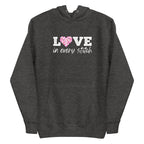 Love in Every Stitch distressed lettering on a pullover hoodie in charcoal grey, front view – Kate Spain design for Pat Sloan