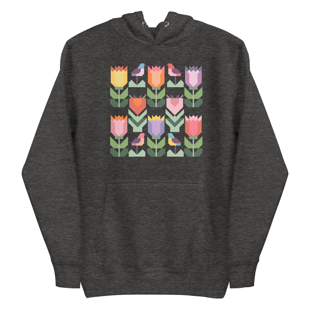 Birds + Blooms patchwork tulips and birds on a pullover hoodie in charcoal grey, front view – Kate Spain design for Pat Sloan