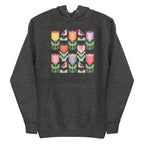 Birds + Blooms patchwork tulips and birds on a pullover hoodie in charcoal grey, front view – Kate Spain design for Pat Sloan