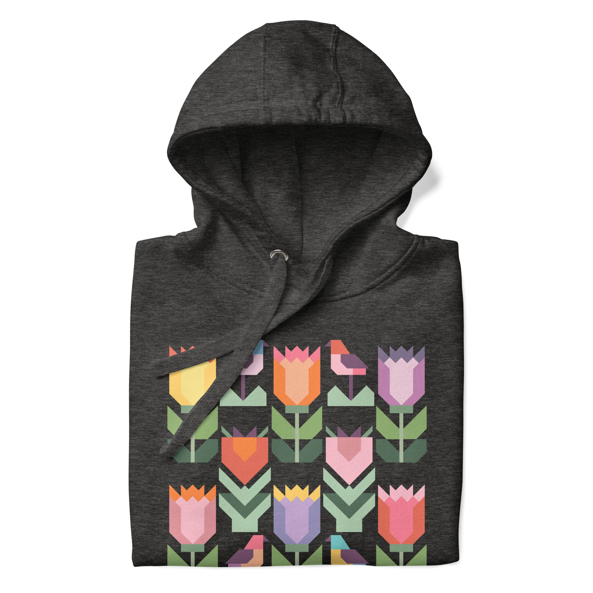 Birds + Blooms patchwork tulips and birds on a pullover hoodie in charcoal grey, folded close-up of the design – Kate Spain design for Pat Sloan