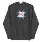 Liberty Love star quilt block with a heart in red, white and blue on a pullover hoodie in charcoal grey, front view – Kate Spain design for Pat Sloan