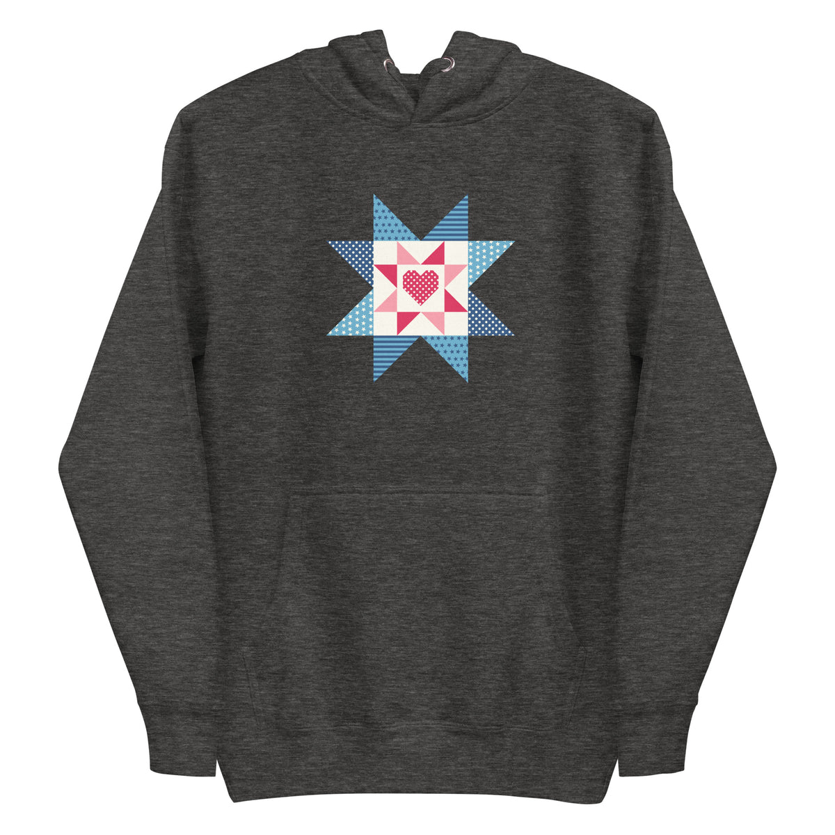Liberty Love star quilt block with a heart in red, white and blue on a pullover hoodie in charcoal grey, front view – Kate Spain design for Pat Sloan