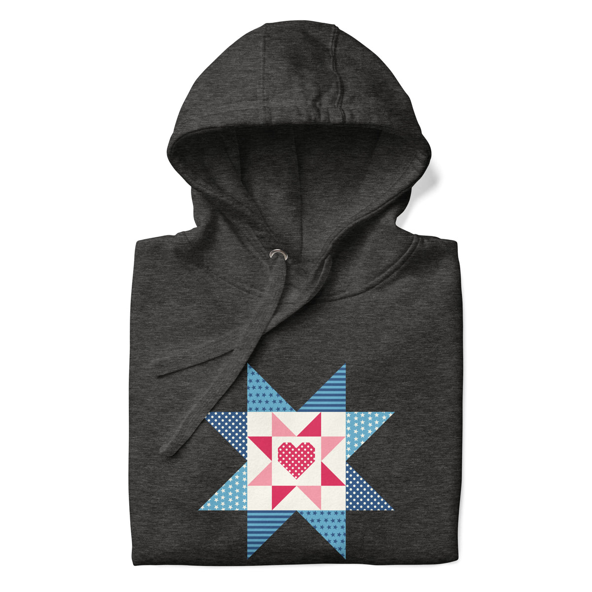 Liberty Love star quilt block with a heart in red, white and blue on a pullover hoodie in charcoal grey, folded close-up of the design – Kate Spain design for Pat Sloan