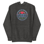 Fabric Curator Society of Stashers badge with a tomato pincushion on a pullover hoodie in charcoal grey, front view – Kate Spain design for Pat Sloan