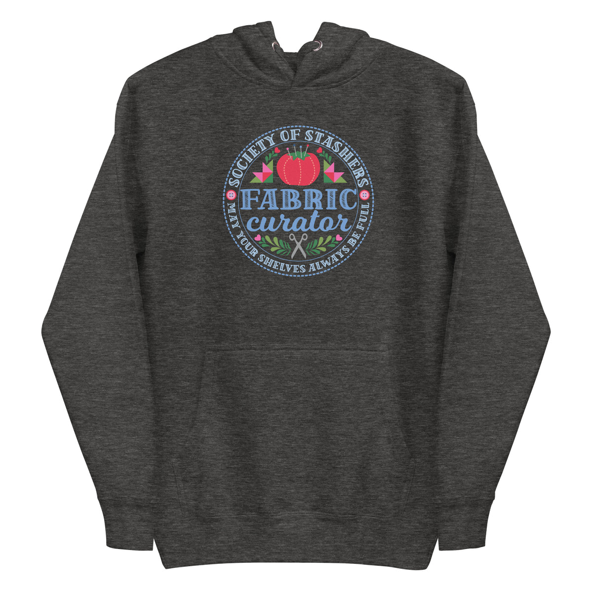 Fabric Curator Society of Stashers badge with a tomato pincushion on a pullover hoodie in charcoal grey, front view – Kate Spain design for Pat Sloan