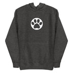 Law of the Paw® cat paw print on a pullover hoodie in charcoal grey, front view – Kate Spain design