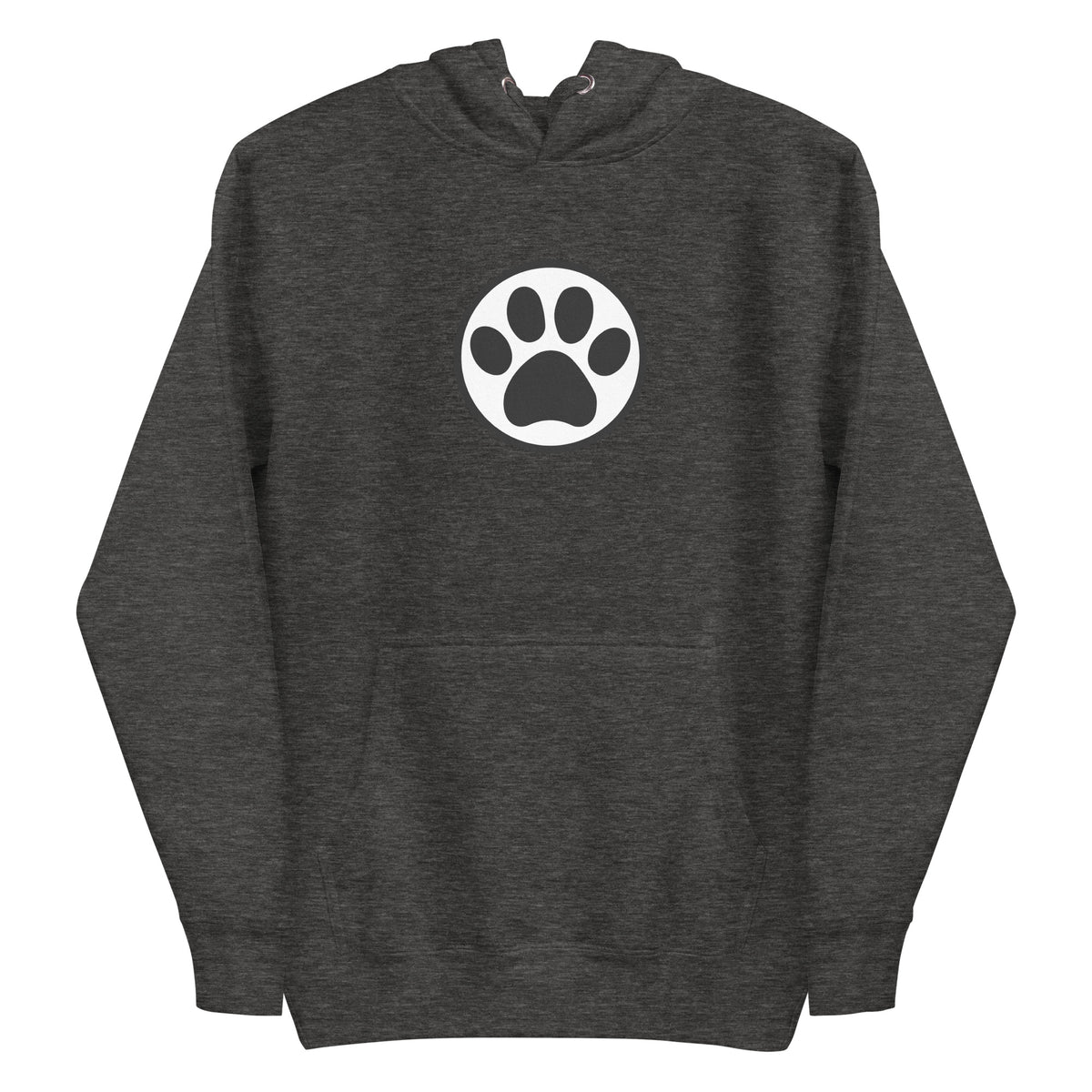 Law of the Paw® cat paw print on a pullover hoodie in charcoal grey, front view – Kate Spain design
