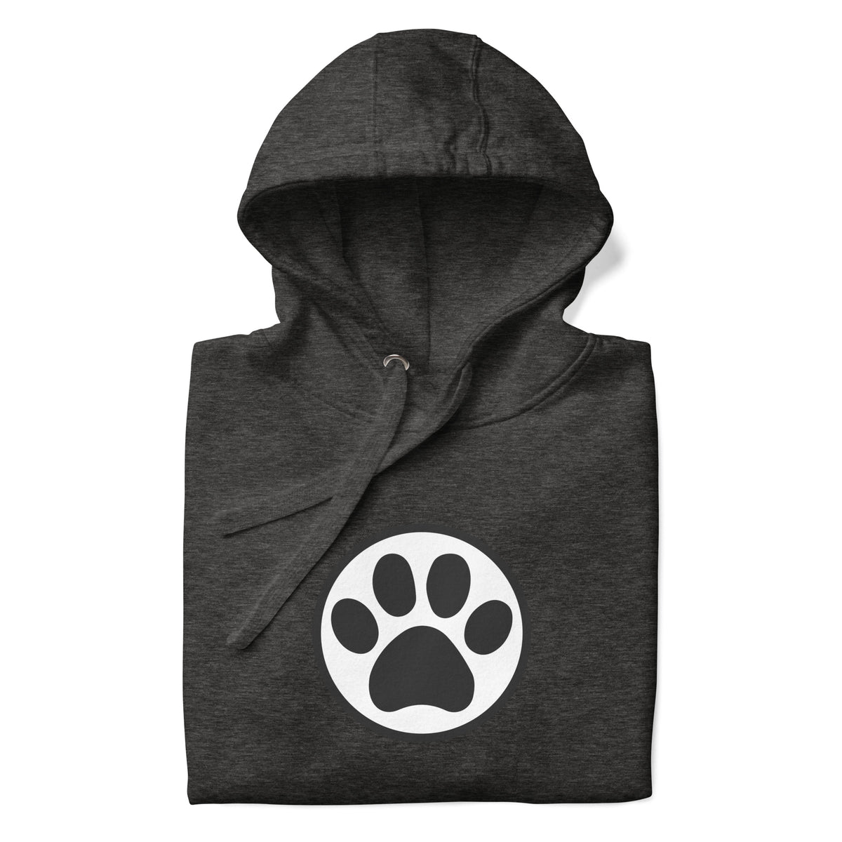 Law of the Paw® cat paw print on a pullover hoodie in charcoal grey, folded close-up of the design – Kate Spain design