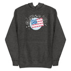 patchwork American flag in quilt fabrics on a pullover hoodie in charcoal grey, front view – Kate Spain design for Pat Sloan