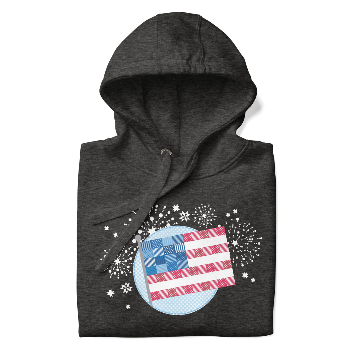 patchwork American flag in quilt fabrics on a pullover hoodie in charcoal grey, folded close-up of the design – Kate Spain design for Pat Sloan
