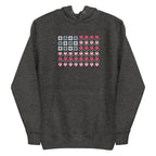 United We Quilt patchwork flag with quilt-block stars and heart stripes on a pullover hoodie in charcoal grey, front view – Kate Spain design for Pat Sloan