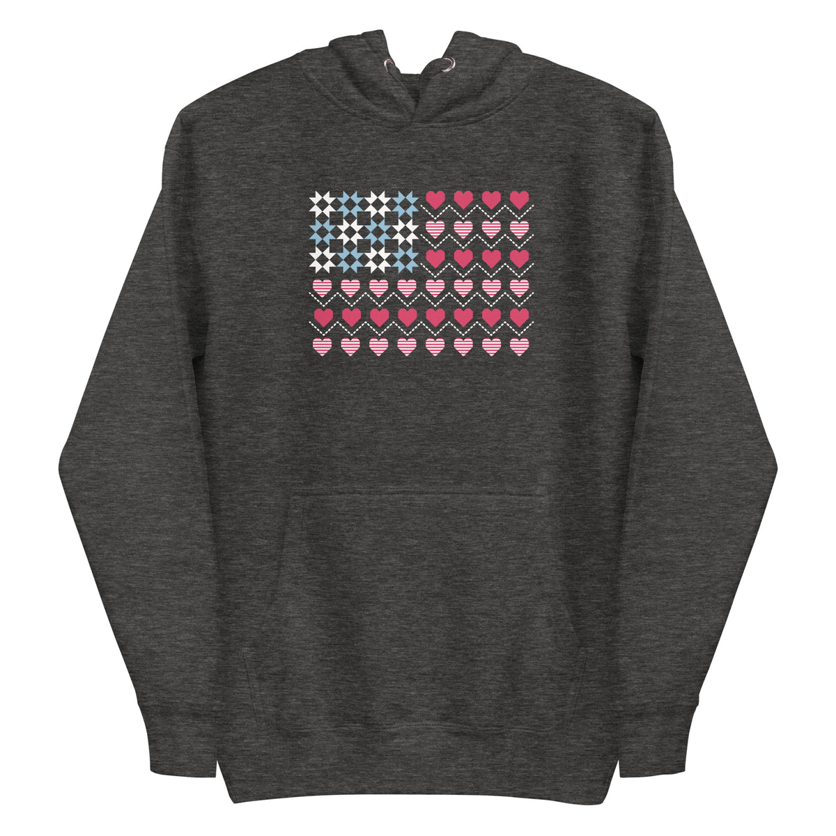 United We Quilt patchwork flag with quilt-block stars and heart stripes on a pullover hoodie in charcoal grey, front view – Kate Spain design for Pat Sloan