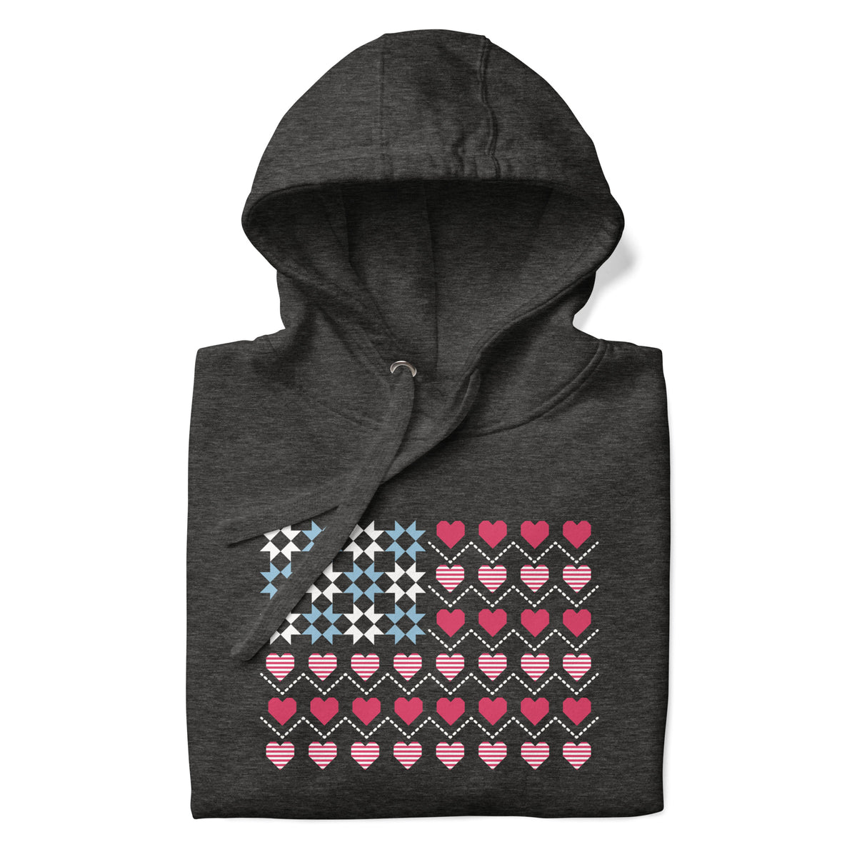 United We Quilt patchwork flag with quilt-block stars and heart stripes on a pullover hoodie in charcoal grey, folded close-up of the design – Kate Spain design for Pat Sloan
