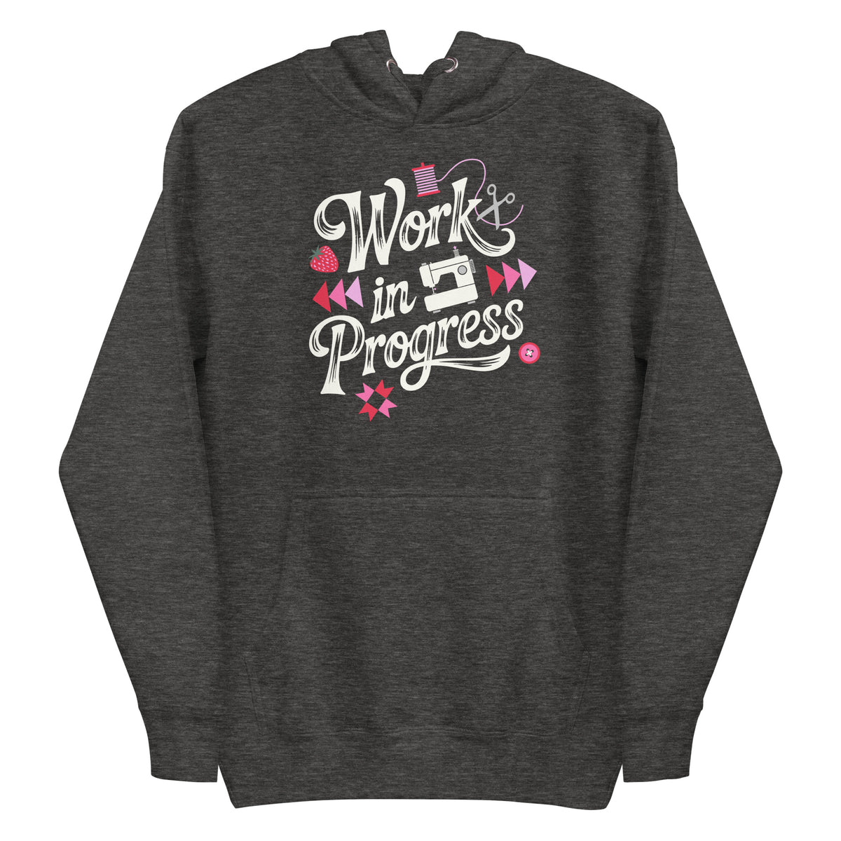 Work in Progress sewing design with flying geese, sewing machine, strawberry and thread spool on a pullover hoodie in charcoal grey, front view – Kate Spain design for Pat Sloan
