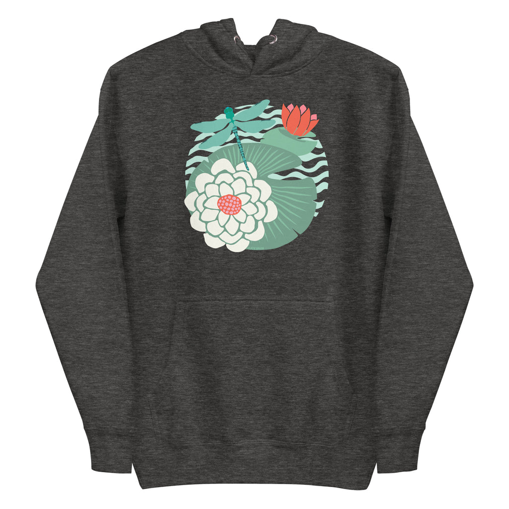 Dragonfly over water lilies and lily pads on a pullover hoodie in charcoal grey, front view – Kate Spain design
