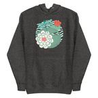 Dragonfly over water lilies and lily pads on a pullover hoodie in charcoal grey, front view – Kate Spain design