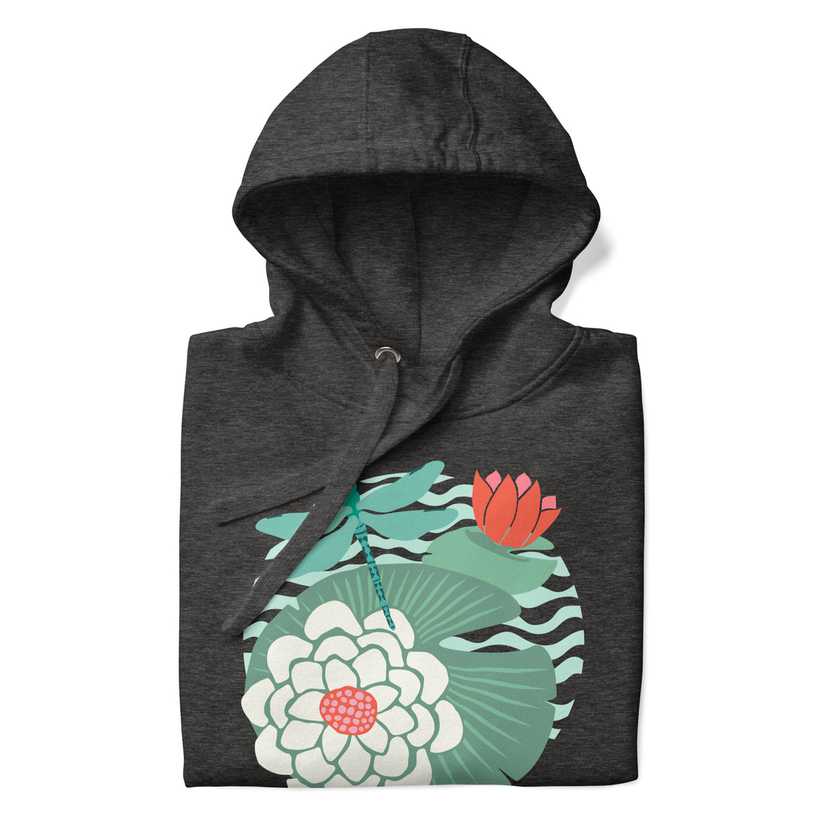 Dragonfly over water lilies and lily pads on a pullover hoodie in charcoal grey, folded close-up of the design – Kate Spain design