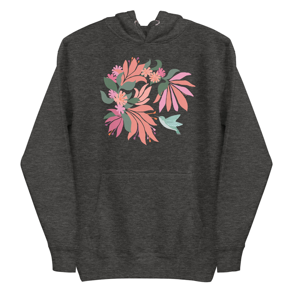 Hummingbird among coral tropical flowers on a pullover hoodie in charcoal grey, front view – Kate Spain design