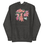 Hummingbird among coral tropical flowers on a pullover hoodie in charcoal grey, front view – Kate Spain design