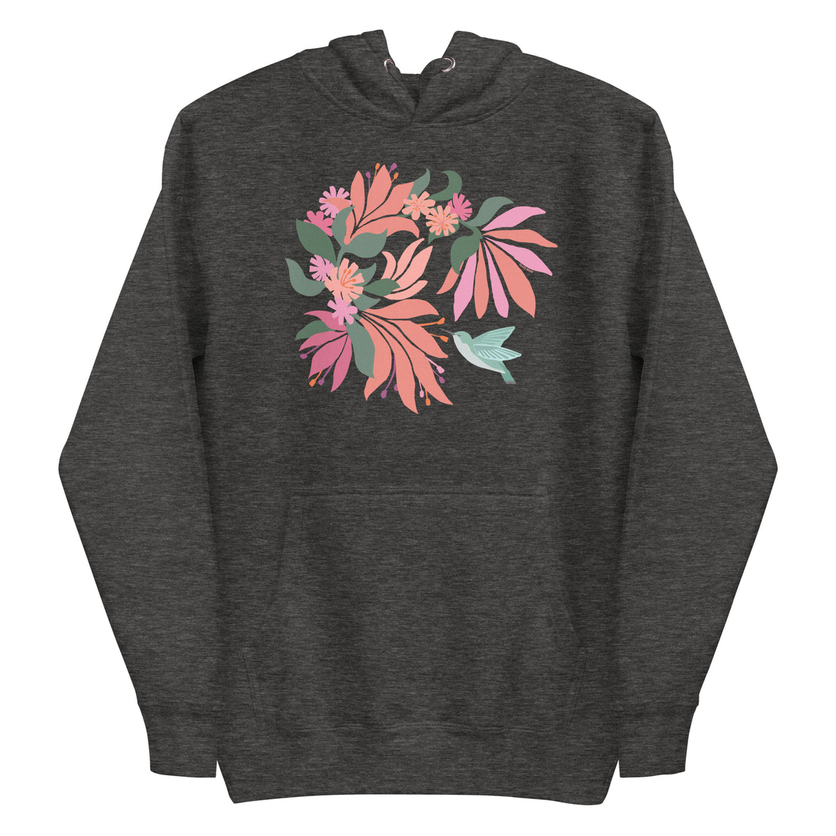 Hummingbird among coral tropical flowers on a pullover hoodie in charcoal grey, front view – Kate Spain design