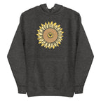 Golden sunflower with a heart center on a pullover hoodie in charcoal grey, front view – Sunflowers in My Heart by Kate Spain