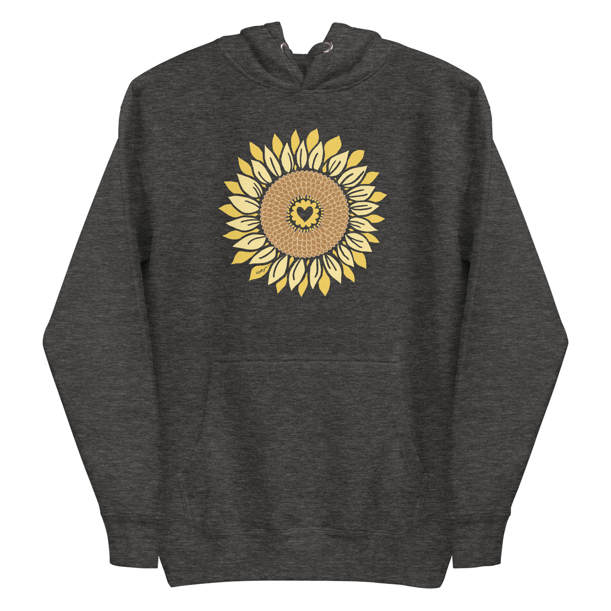 Golden sunflower with a heart center on a pullover hoodie in charcoal grey, front view – Sunflowers in My Heart by Kate Spain