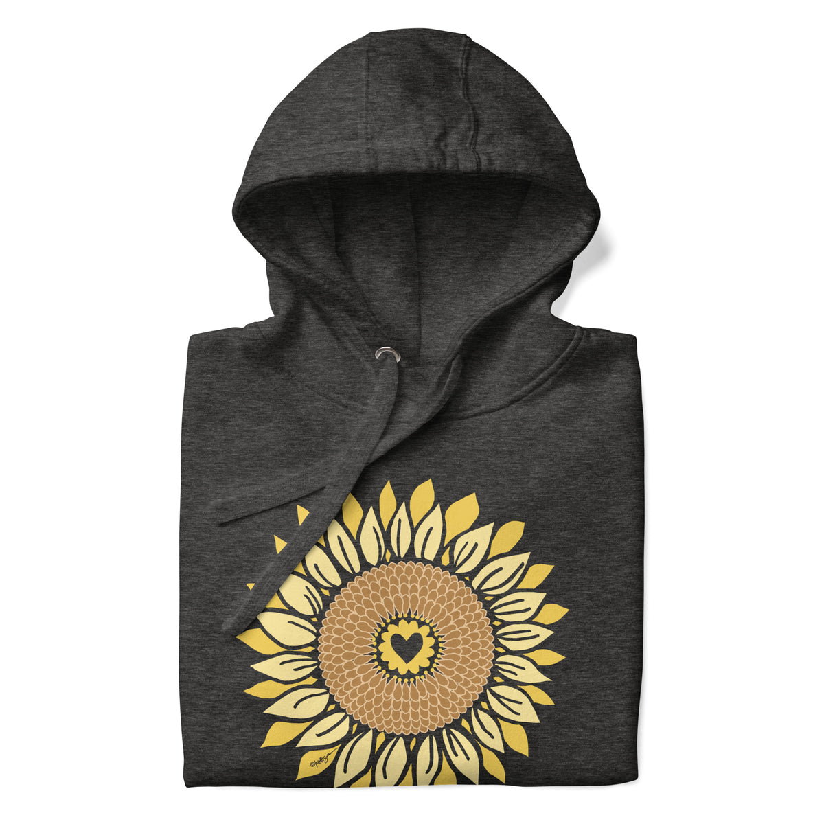 Golden sunflower with a heart center on a pullover hoodie in charcoal grey, folded close-up of the design – Sunflowers in My Heart by Kate Spain