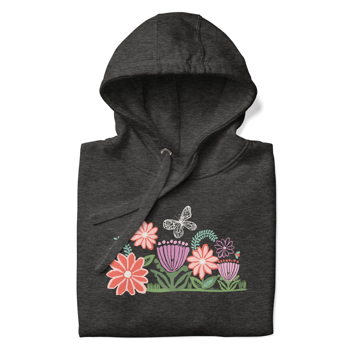 Bloom woodblock-style flowers with a butterfly, ladybug and bee on a pullover hoodie in charcoal grey, folded close-up of the design – Kate Spain design