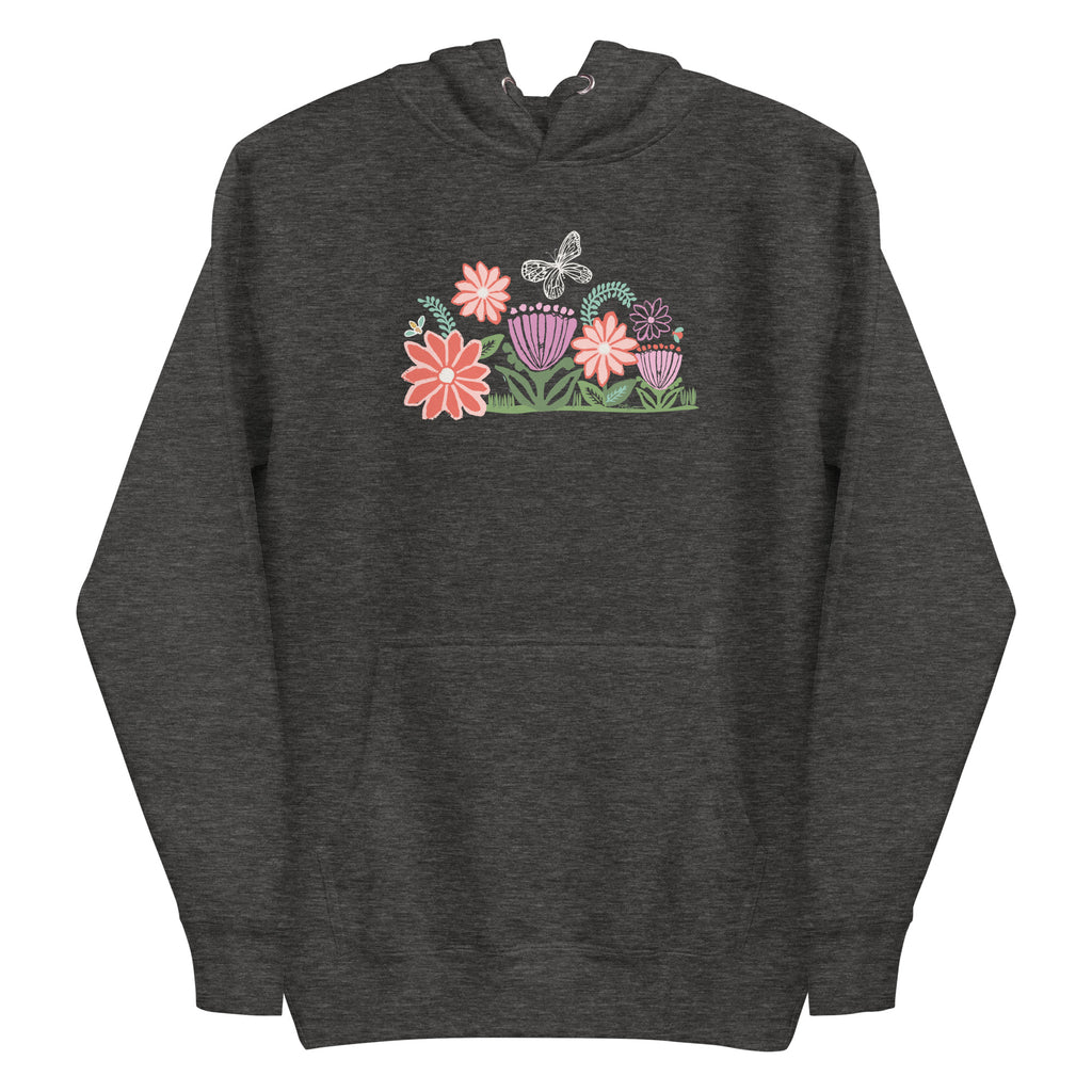 Bloom woodblock-style flowers with a butterfly, ladybug and bee on a pullover hoodie in charcoal grey, front view – Kate Spain design