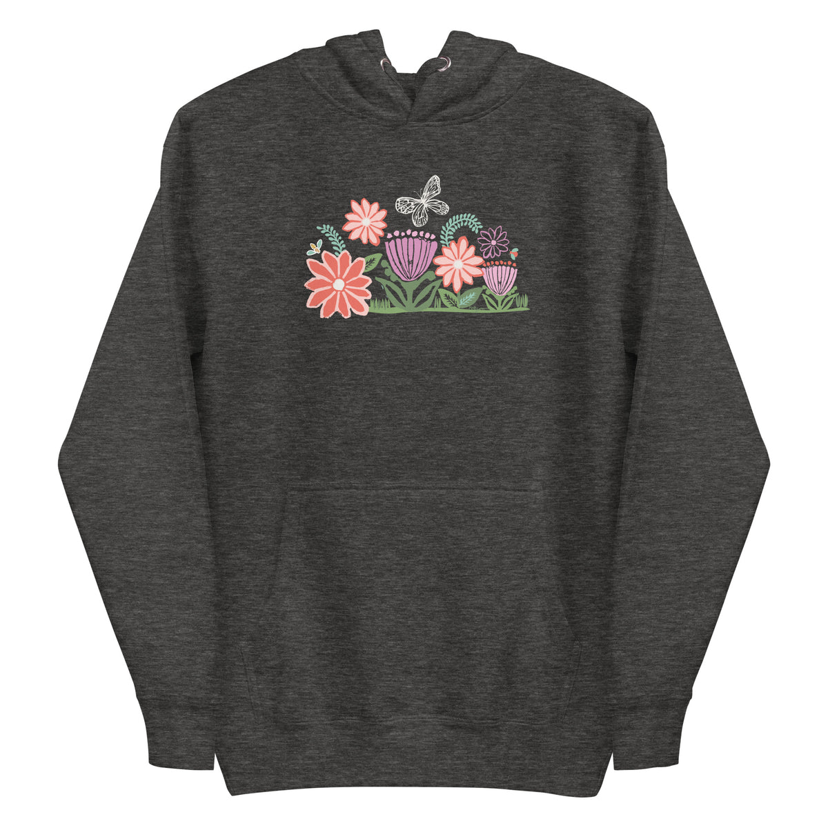 Bloom woodblock-style flowers with a butterfly, ladybug and bee on a pullover hoodie in charcoal grey, front view – Kate Spain design
