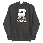 May the ¼" Be With You bold lettering with a sewing machine on a pullover hoodie in charcoal grey, front view – Kate Spain design for Pat Sloan