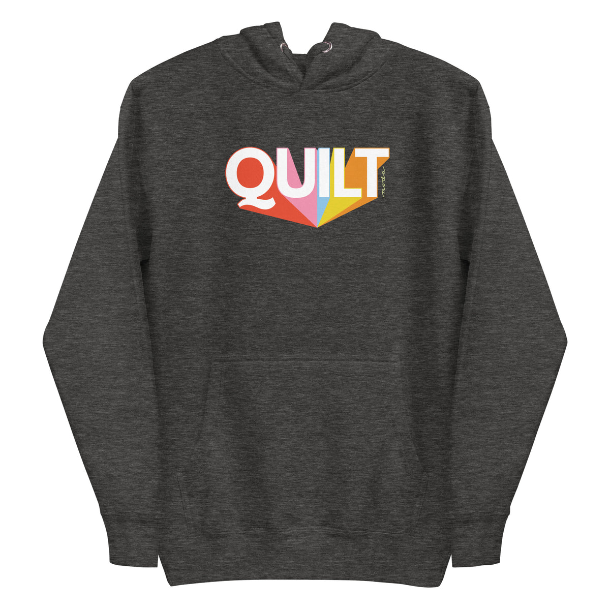 Moda QUILT logo with orange, pink, blue and yellow rays on a premium hoodie in charcoal grey, front view – Kate Spain design