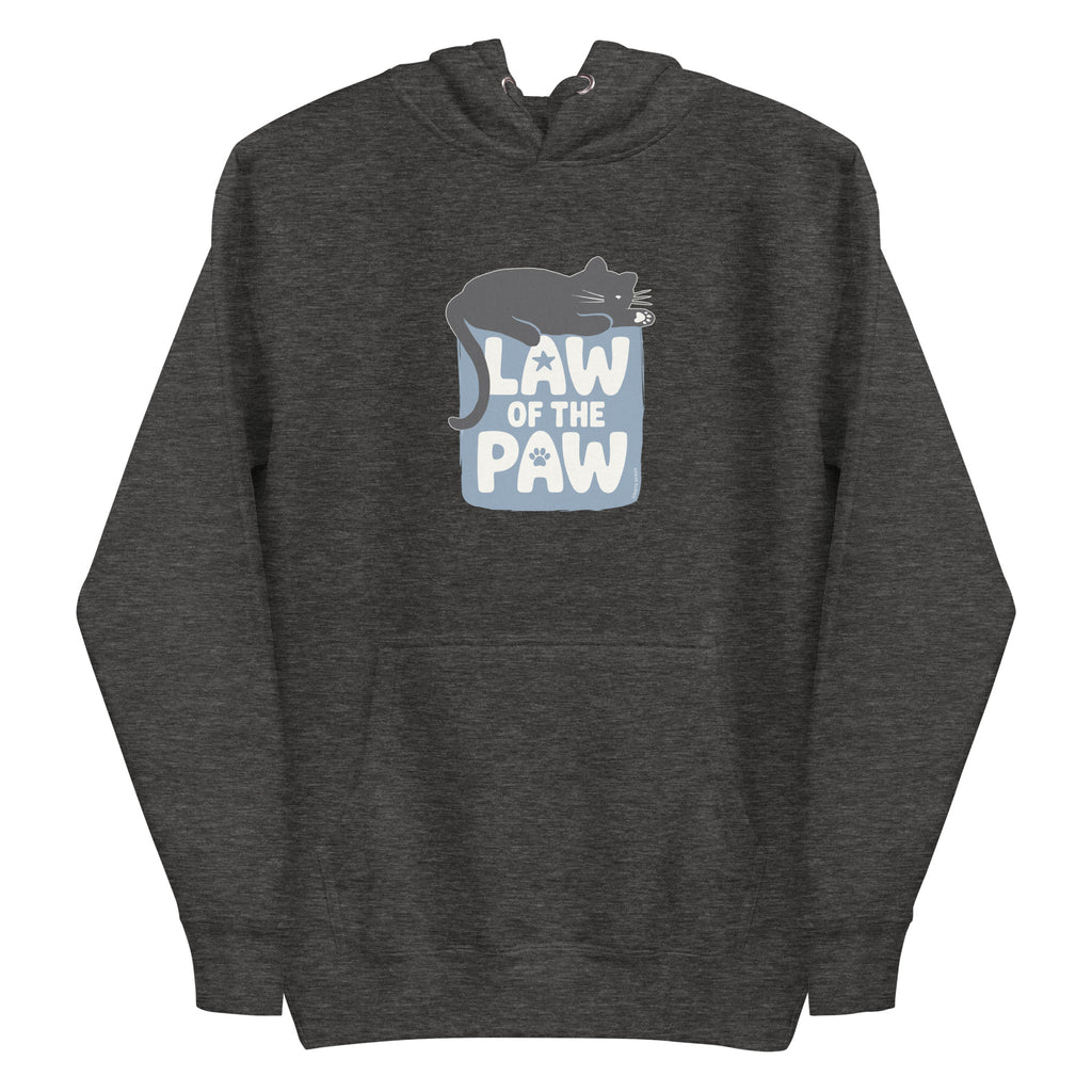 Law of the Paw® design with a cat napping on the logo on a pullover hoodie in charcoal grey, front view – Kate Spain design